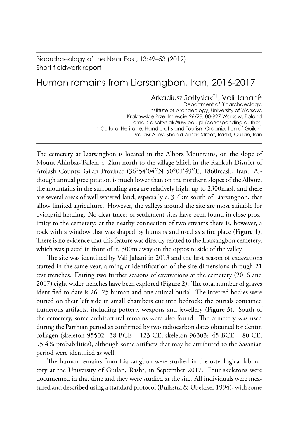 Short Fieldwork Report. Human Remains from Liarsangbon, Iran, 2016-2017