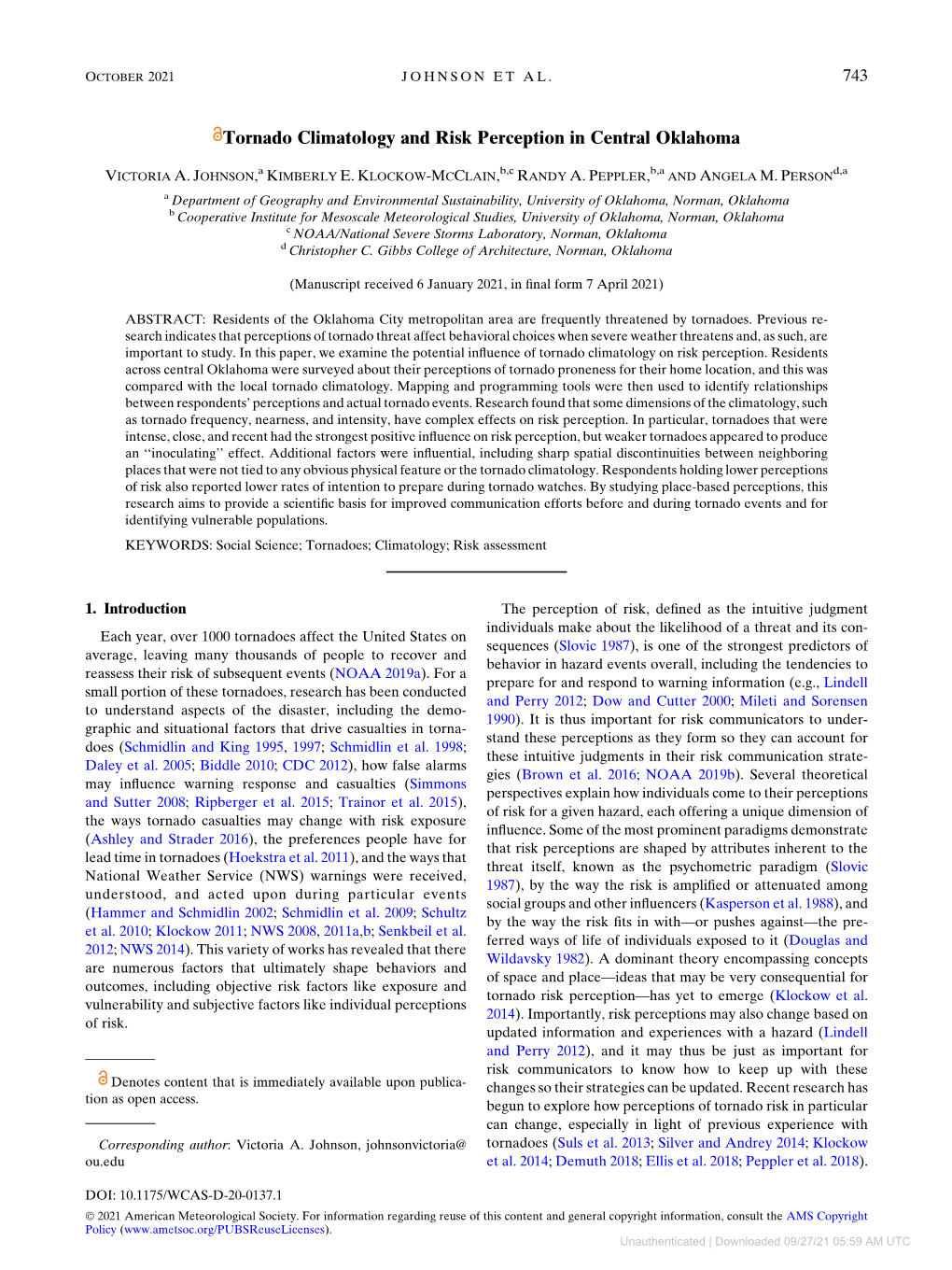 Tornado Climatology and Risk Perception in Central Oklahoma