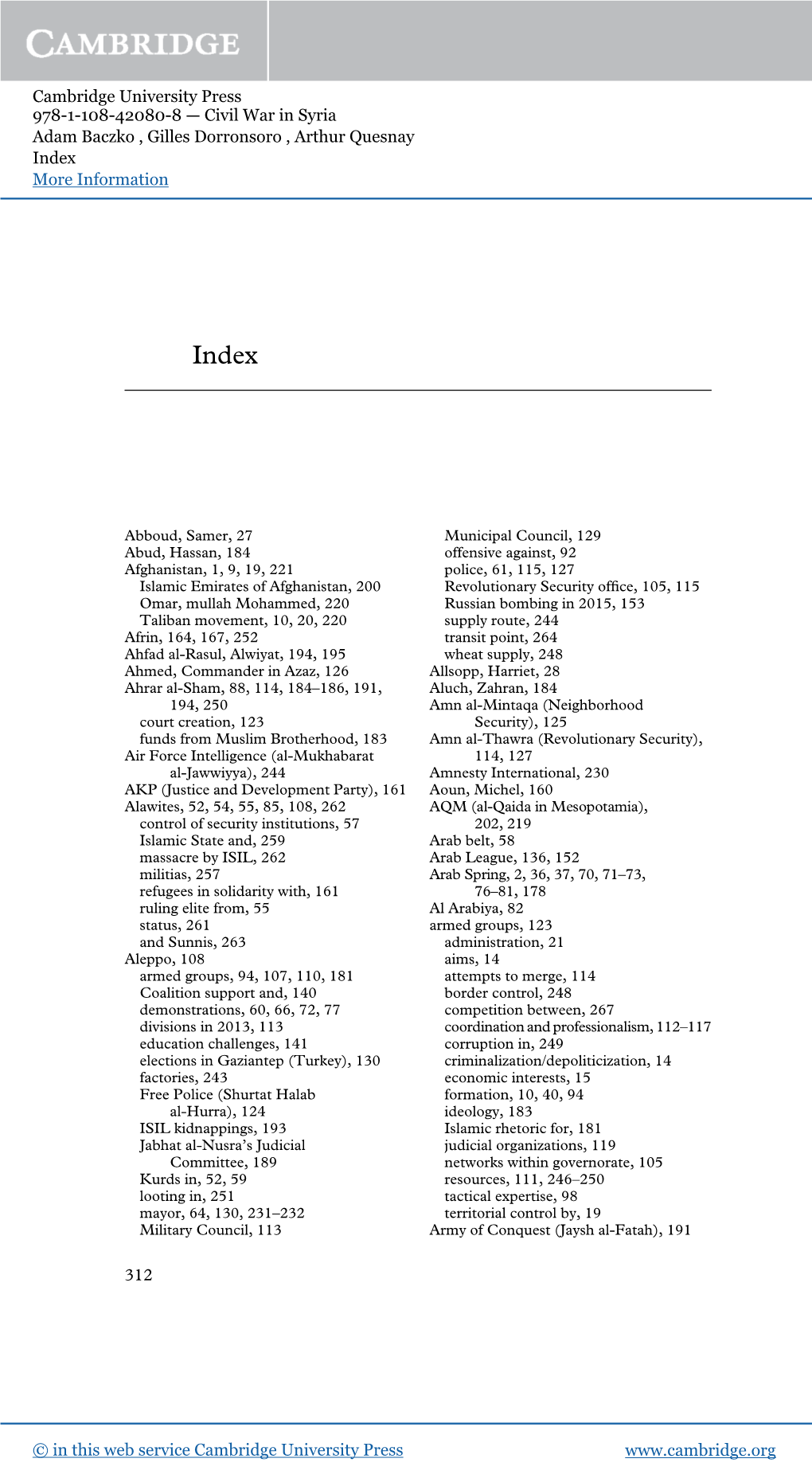 Cambridge University Press 978-1-108-42080-8 — Civil War in Syria Adam Baczko , Gilles Dorronsoro , Arthur Quesnay Index More Information