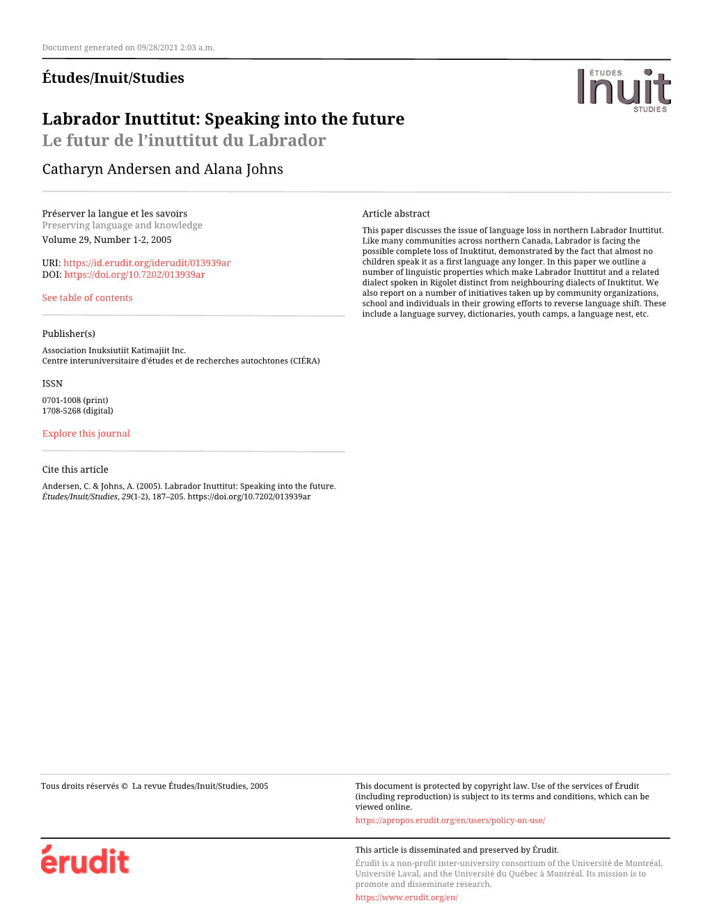 Labrador Inuttitut: Speaking Into the Future Le Futur De L’Inuttitut Du Labrador Catharyn Andersen and Alana Johns