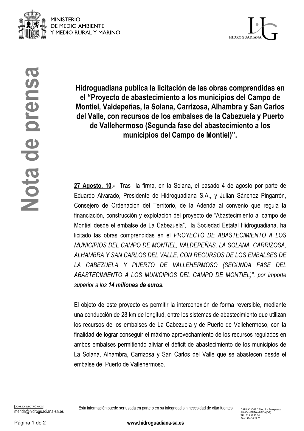 Nota De Prensa Licitación Interconexión La Cabezuela-Puerto