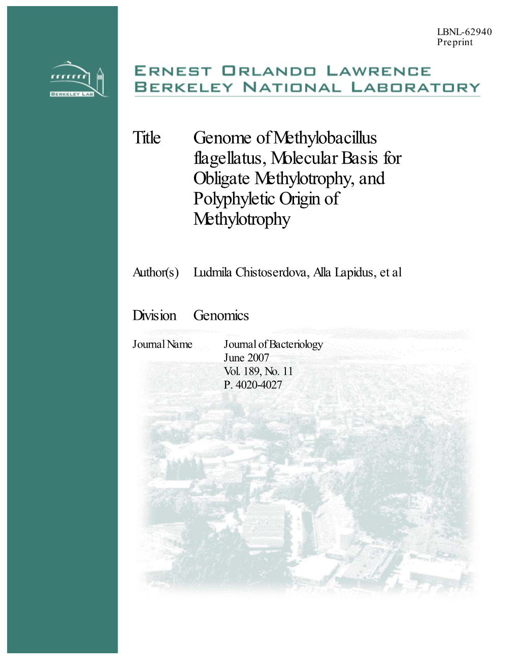 The Genome of Methylobacillus Flagellatus, the Molecular Basis for Obligate