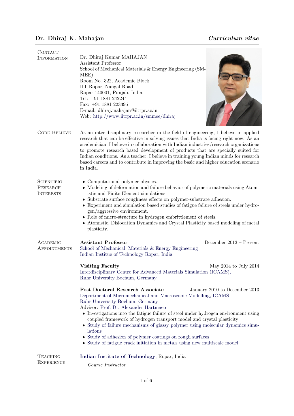 Dr. Dhiraj K. Mahajan Curriculum Vitae