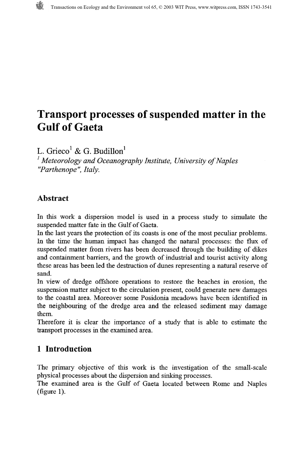 Transport Processes of Suspended Matter in the Gulf of Gaeta