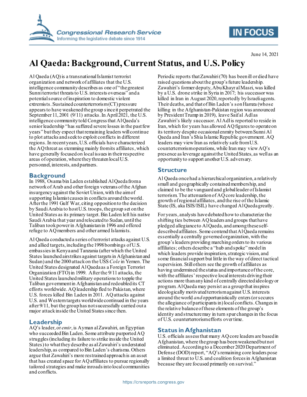 Al Qaeda: Background, Current Status, and U.S