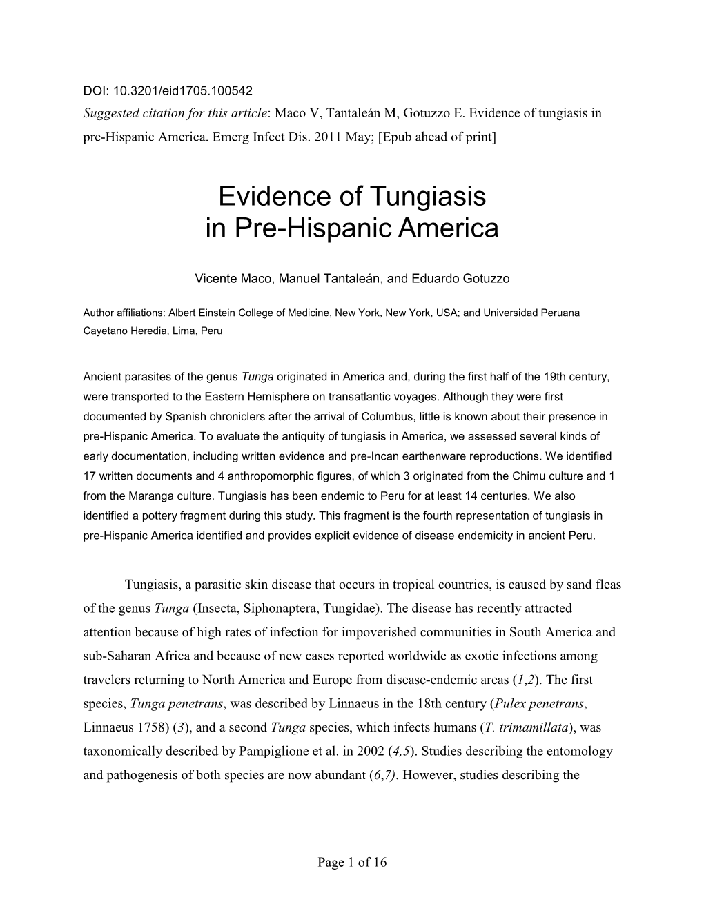 Evidence of Tungiasis in Pre-Hispanic America