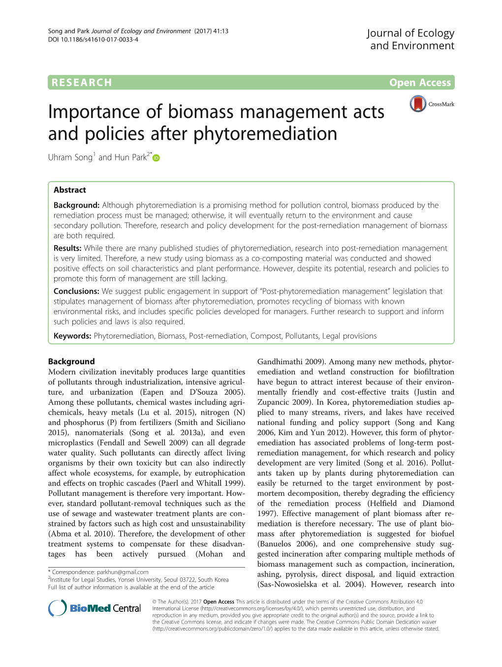 Importance of Biomass Management Acts and Policies After Phytoremediation Uhram Song1 and Hun Park2*