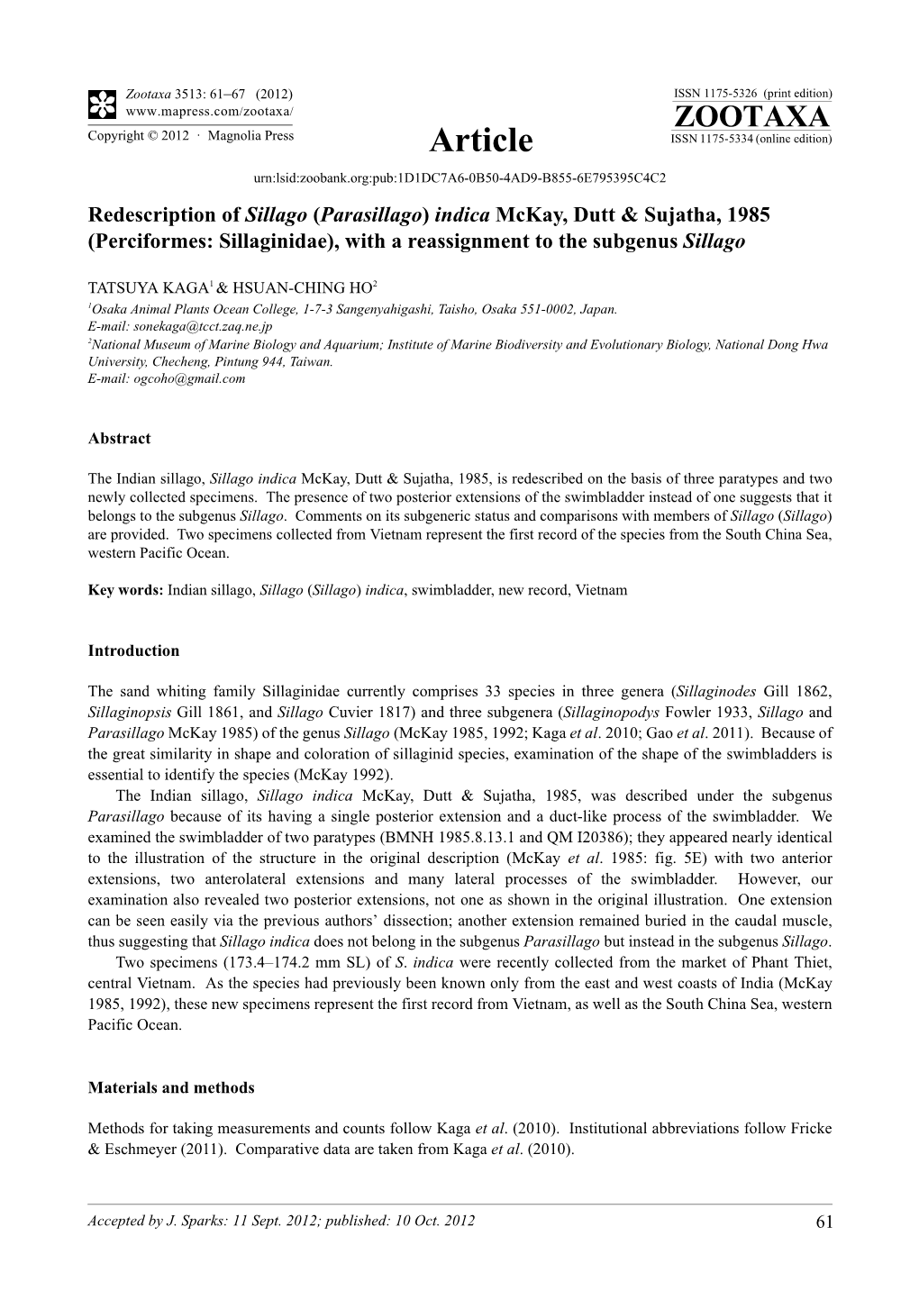 Redescription of Sillago (Parasillago) Indica Mckay, Dutt & Sujatha, 1985