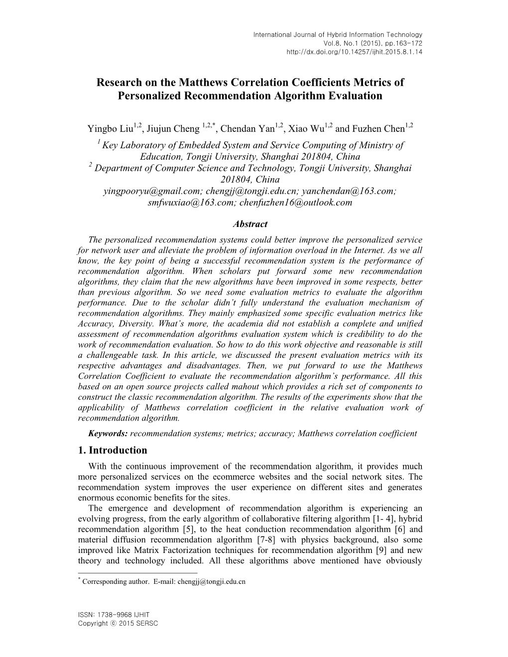 Research on the Matthews Correlation Coefficients Metrics of Personalized Recommendation Algorithm Evaluation