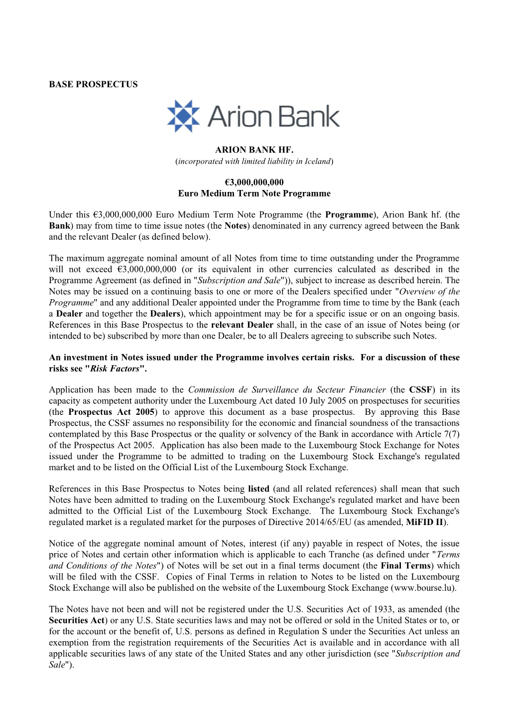 BASE PROSPECTUS ARION BANK HF. €3,000,000,000 Euro Medium