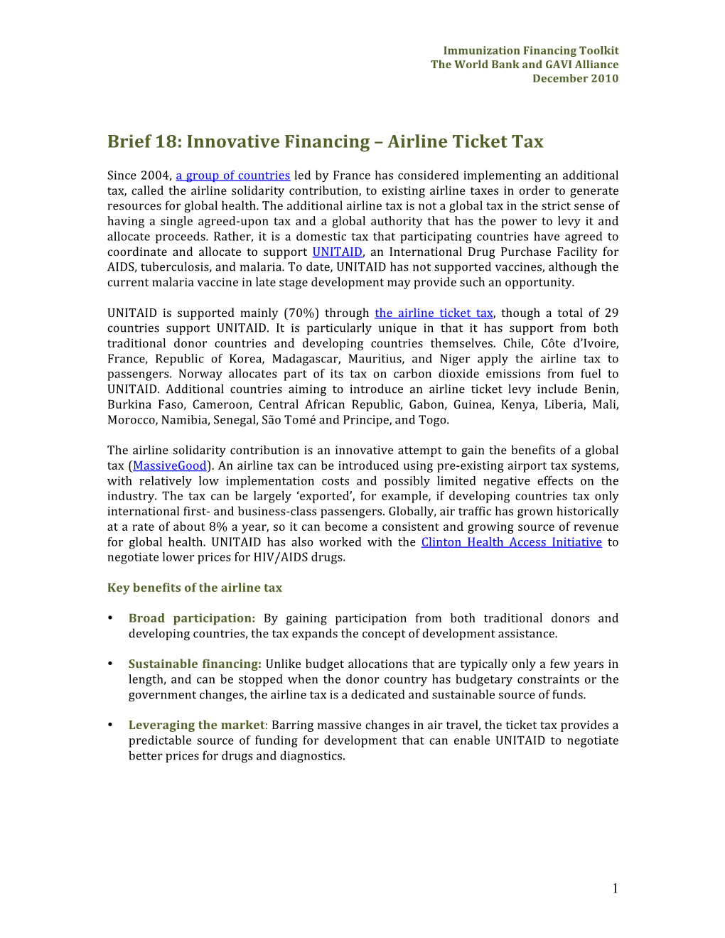 Brief 18: Innovative Financing – Airline Ticket Tax