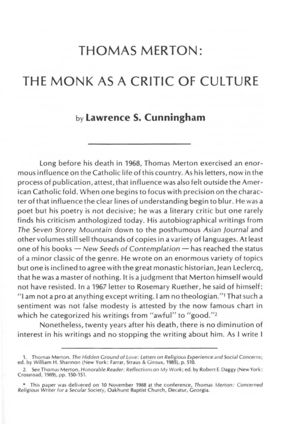 Thomas Merton: the Monk As a Critic of Culture