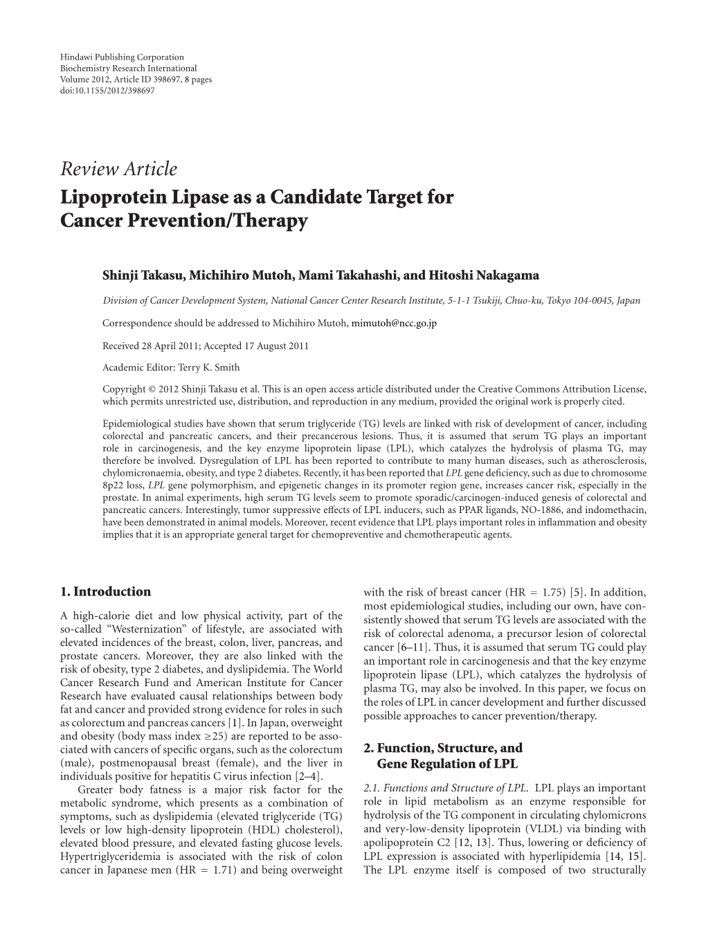 Lipoprotein Lipase As a Candidate Target for Cancer Prevention/Therapy