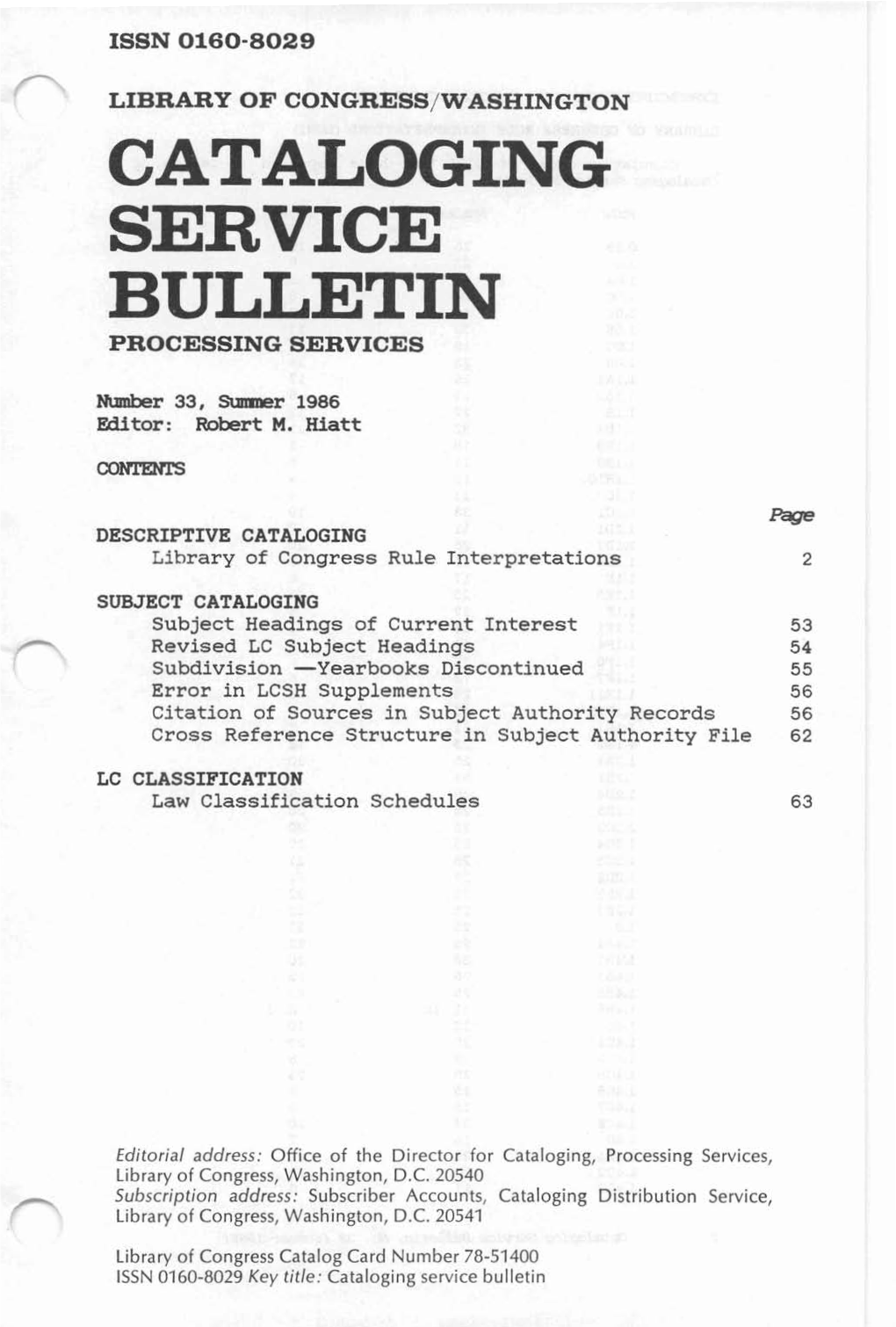 Cataloging Service Bulletin 033, Summer 1986