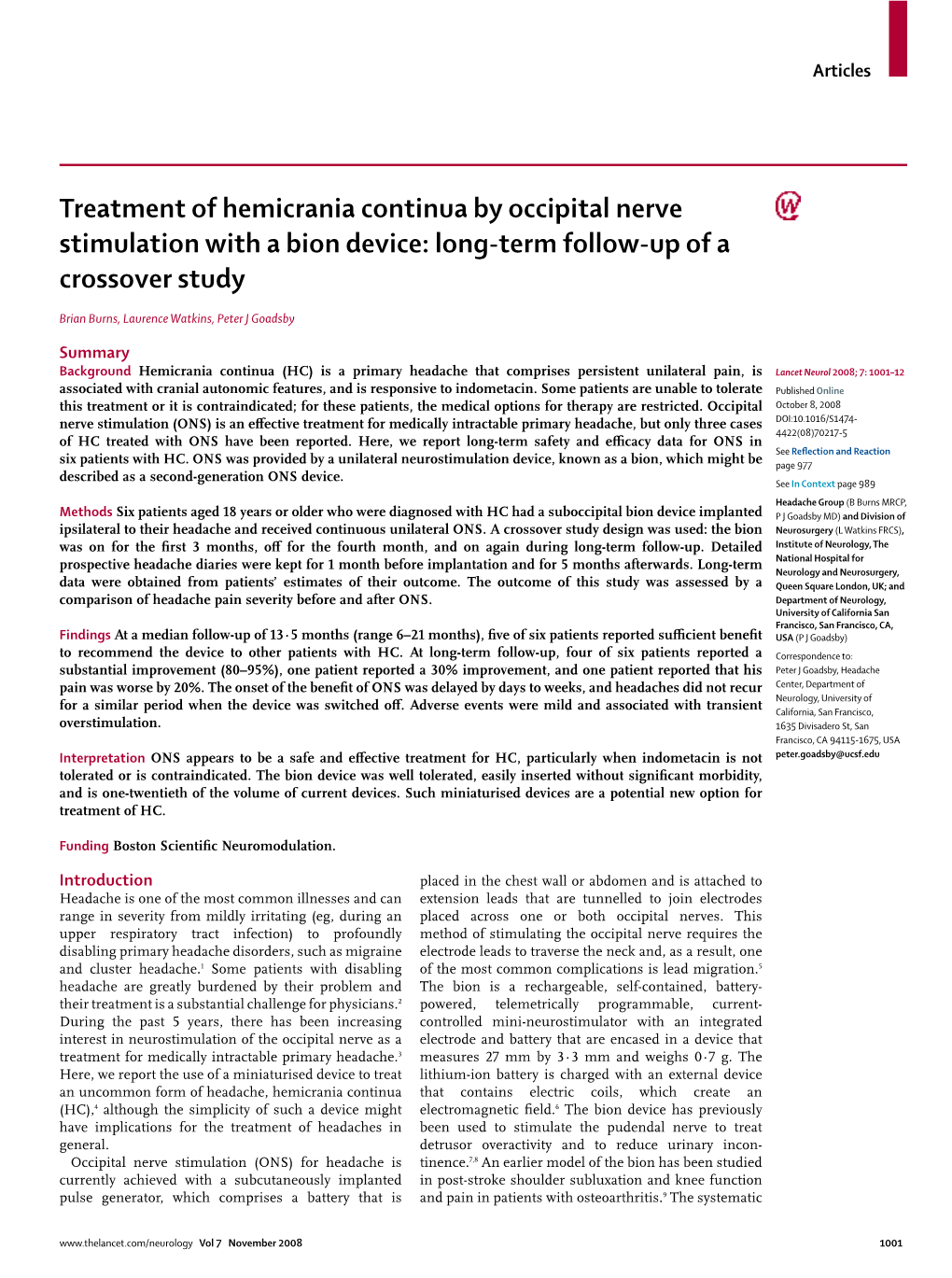 Treatment of Hemicrania Continua by Occipital Nerve Stimulation with a Bion Device: Long-Term Follow-Up of a Crossover Study