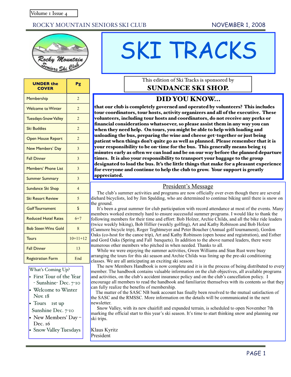 Ski Tracks Newsletter Nov. 1 2008