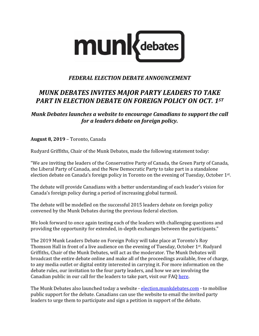 Munk Debates Invites Major Party Leaders to Take Part in Election Debate on Foreign Policy on Oct