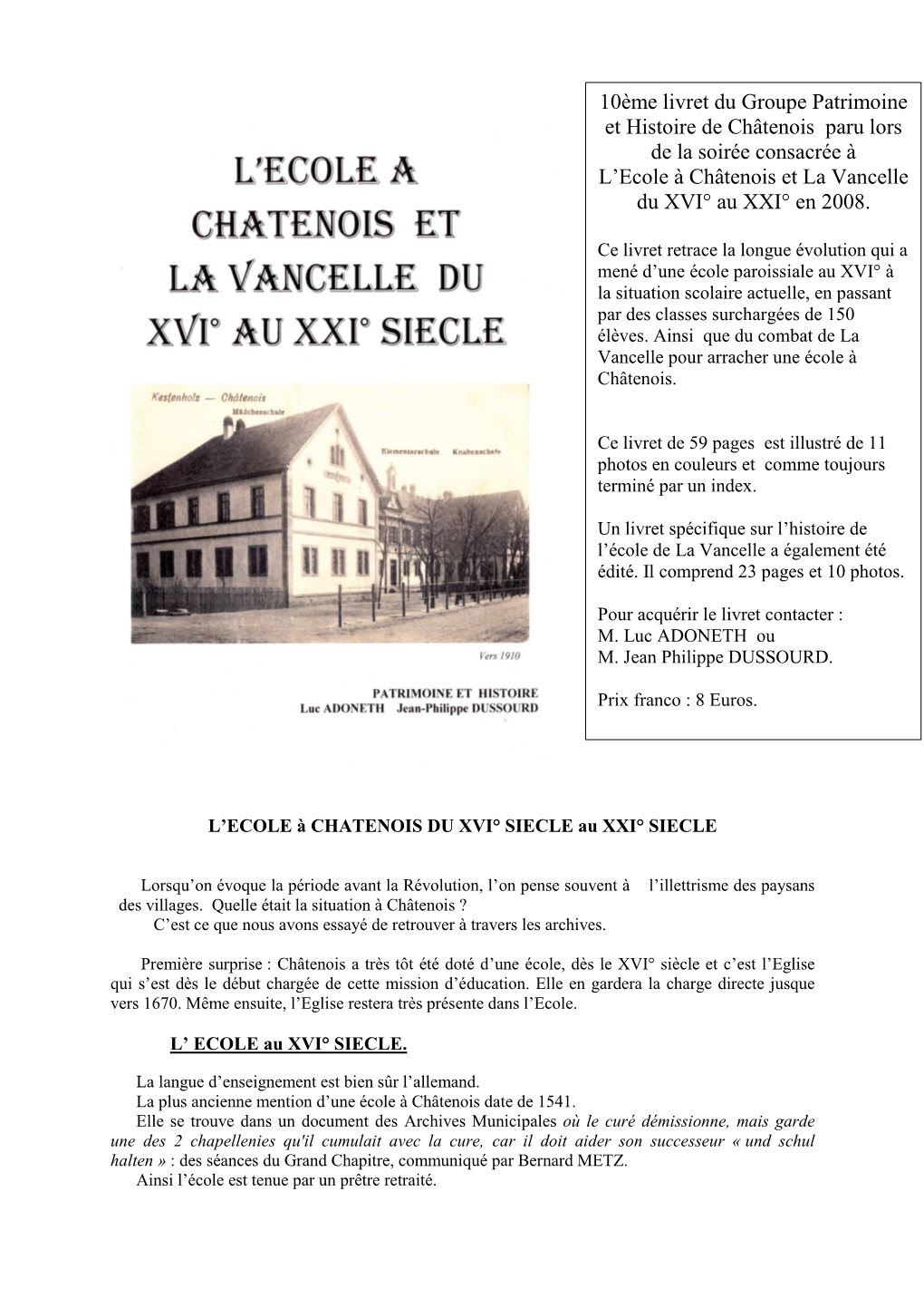 L'ecole À Châtenois Et La Vancelle Du Xvième Au Xxième Siècle En 2008