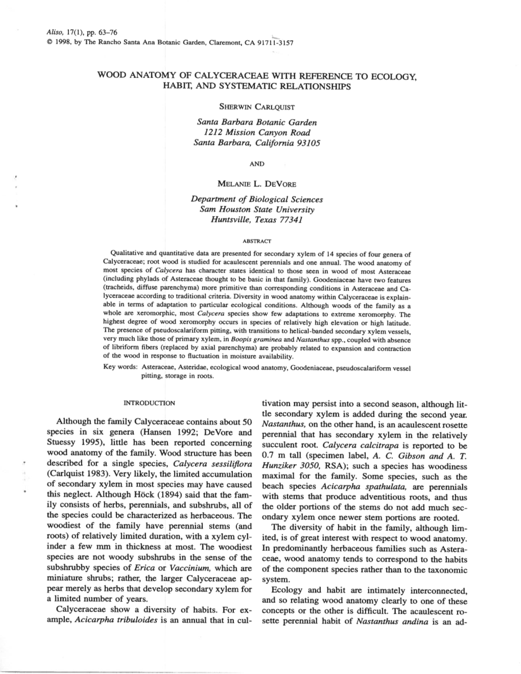 Wood Anatomy of Calyceraceae with Reference to Ecology, Habit, and Systematic Relationships