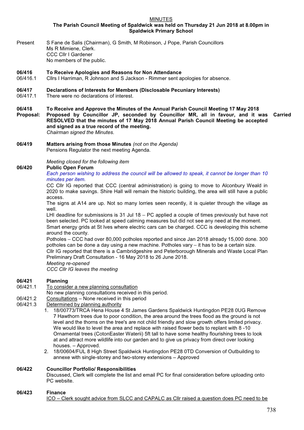 MINUTES the Parish Council Meeting of Spaldwick Was Held on Thursday 21 Jun 2018 at 8.00Pm in Spaldwick Primary School