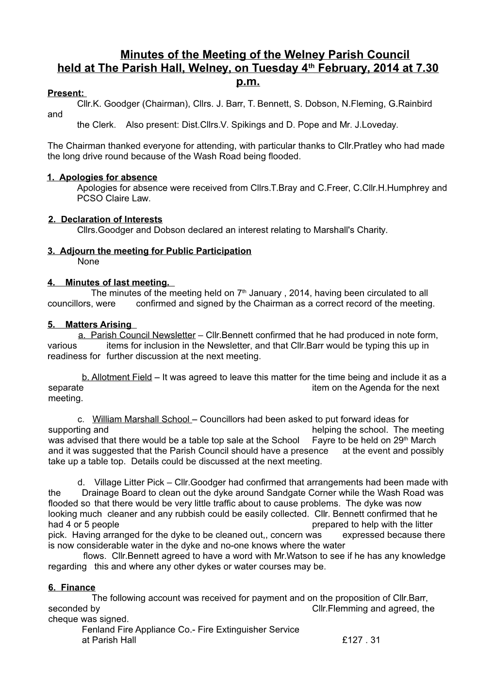 Minutes of the Meeting of the Welney Parish Council