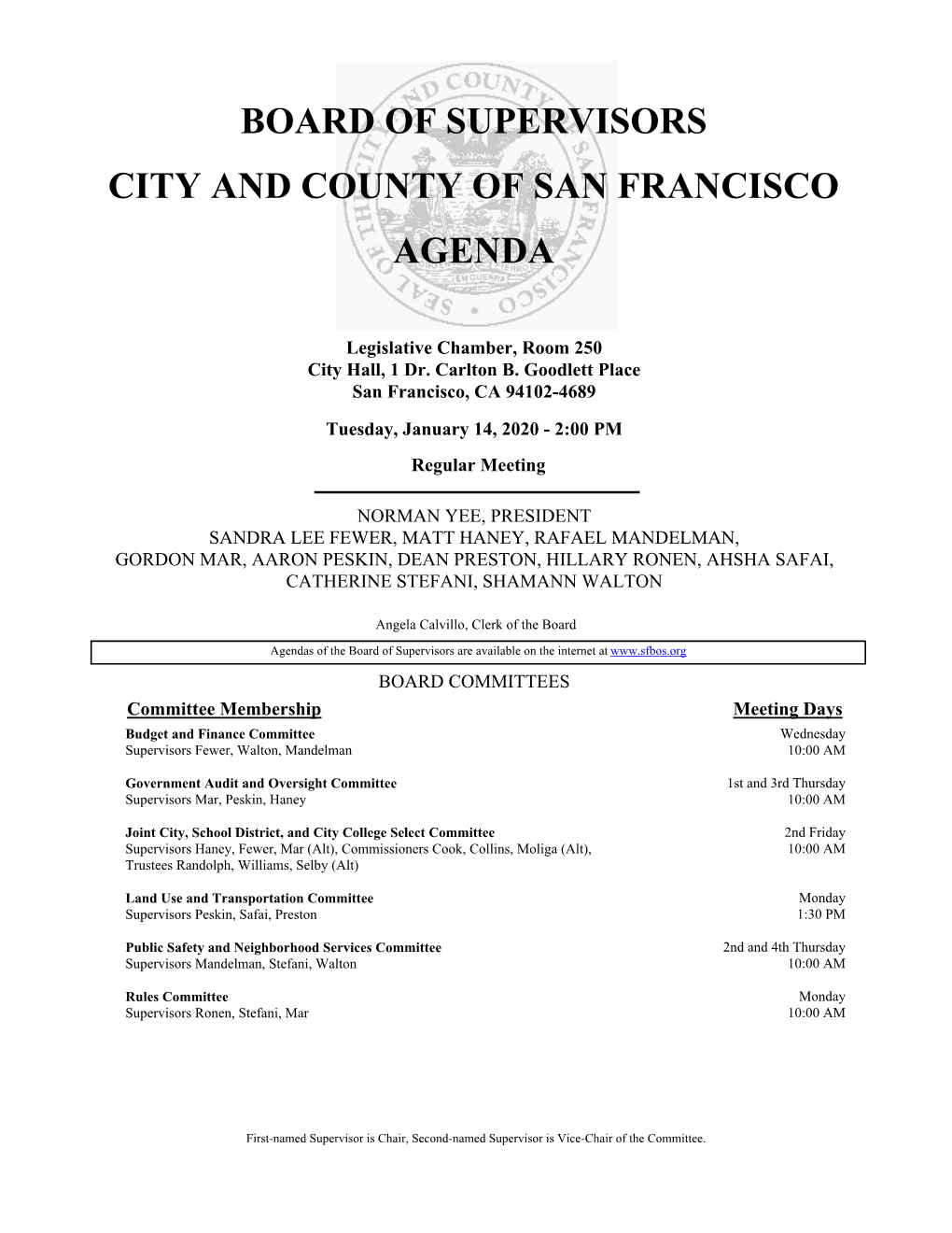 Board of Supervisors City and County of San Francisco Agenda