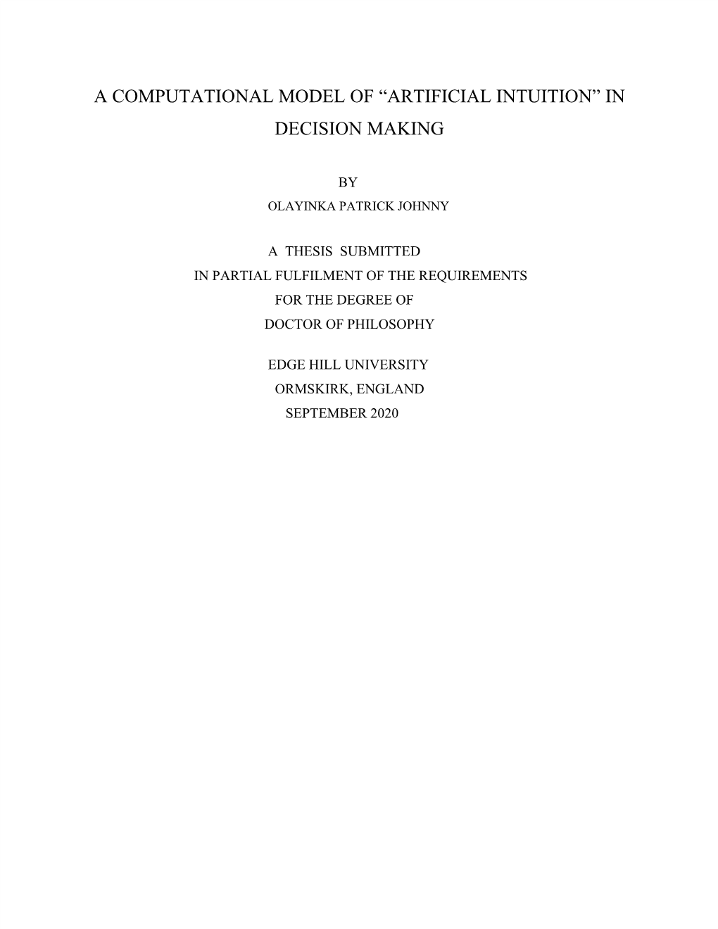 A Computational Model of “Artificial Intuition” in Decision Making