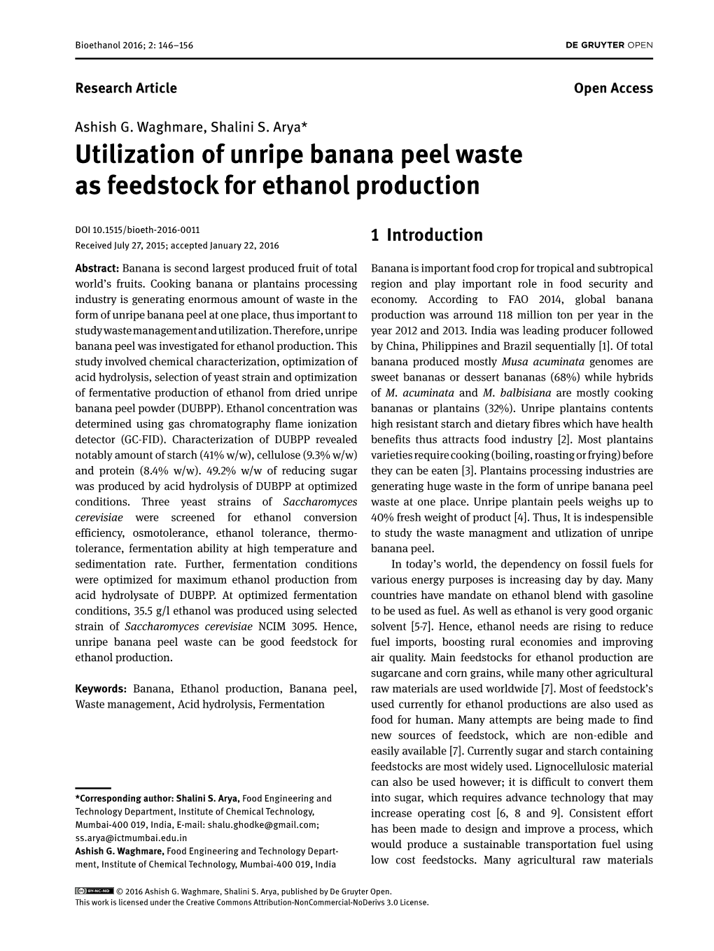 Utilization of Unripe Banana Peel Waste As Feedstock for Ethanol Production