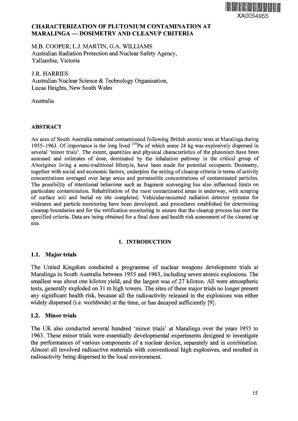 Characterization of Plutonium Contamination at Maralinga — Dosimetry and Cleanup Criteria