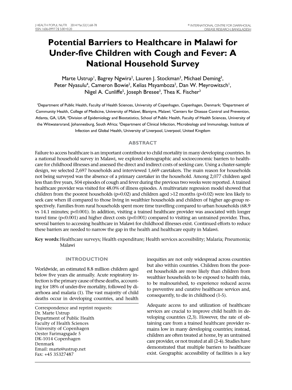 Potential Barriers to Healthcare in Malawi for Under-Five Children with Cough and Fever: a National Household Survey