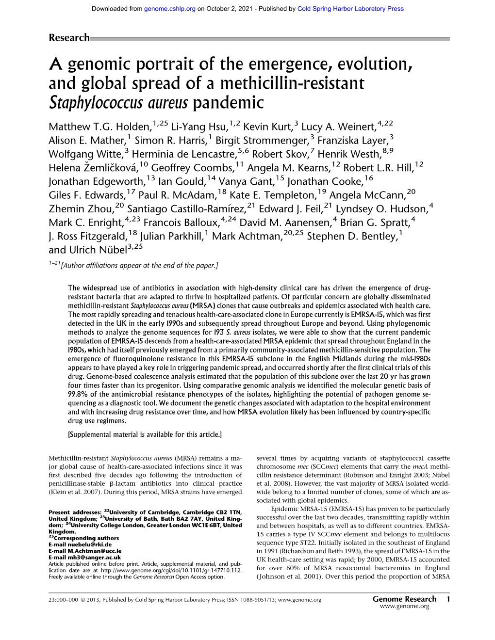 A Genomic Portrait of the Emergence, Evolution, and Global Spread of a Methicillin-Resistant Staphylococcus Aureus Pandemic