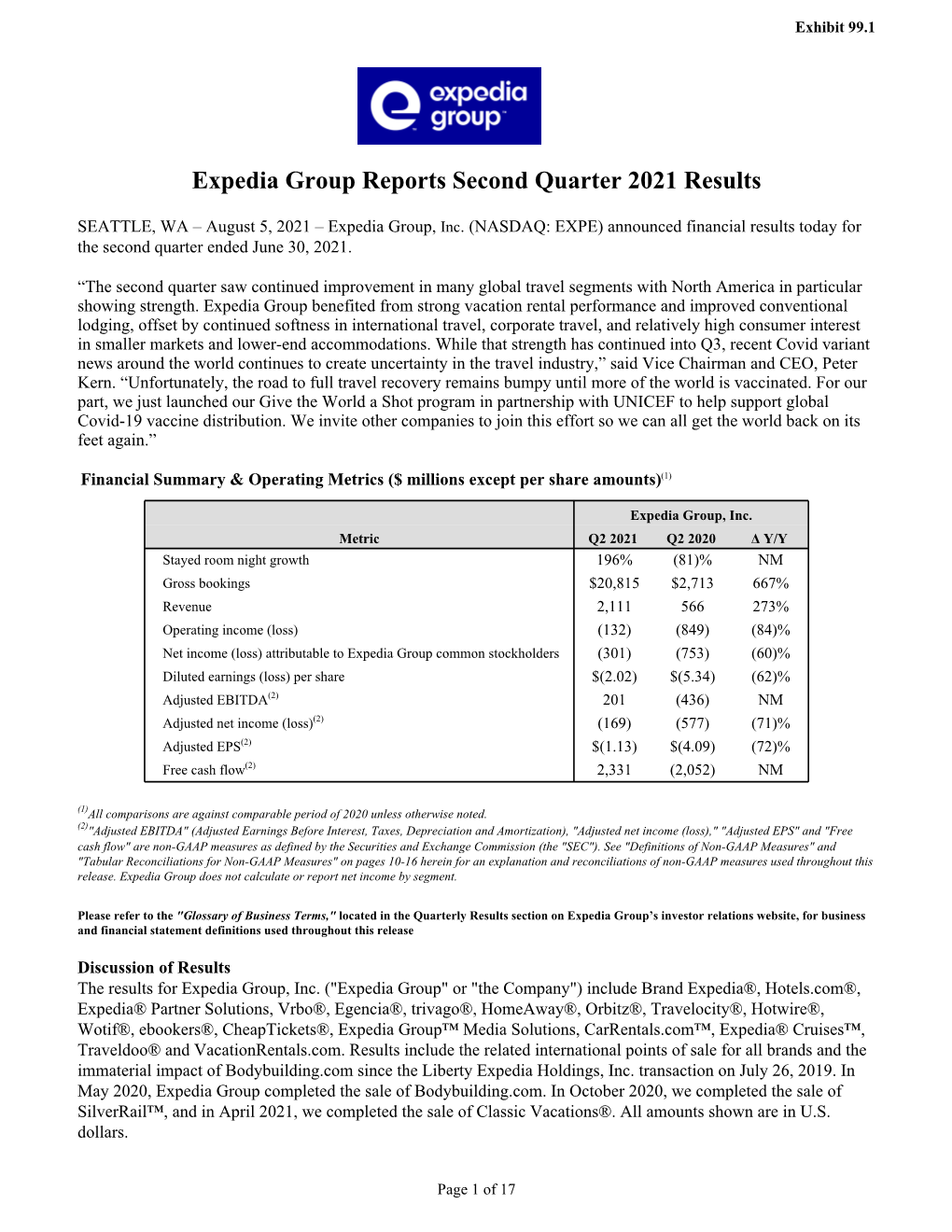 Expedia Group Reports Second Quarter 2021 Results