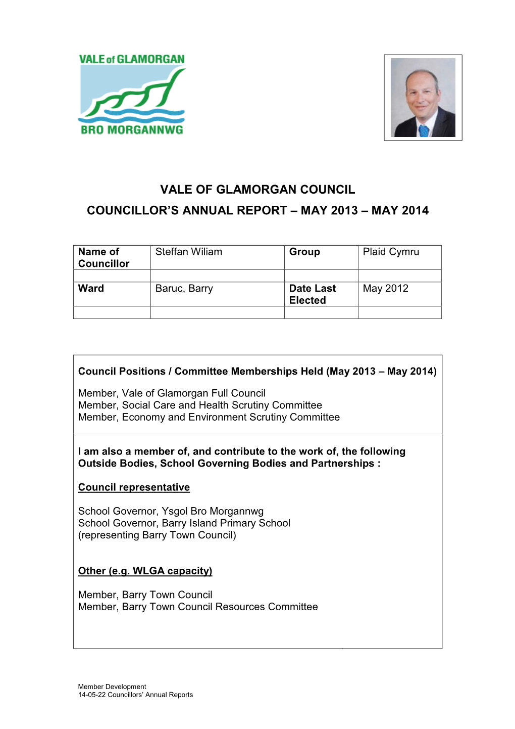 Vale of Glamorgan Council Councillor's Annual Report – May 2013 – May 2014