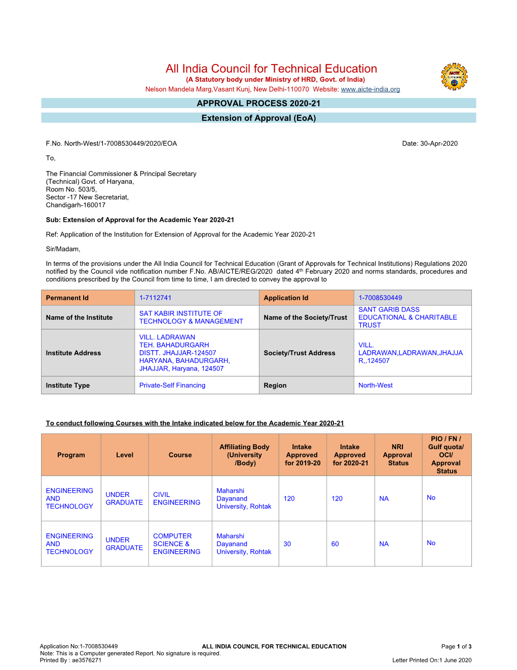 All India Council for Technical Education (A Statutory Body Under Ministry of HRD, Govt