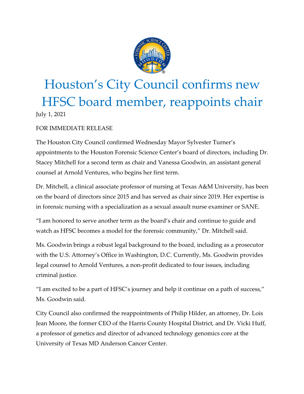 Houston's City Council Confirms New HFSC Board Member, Reappoints