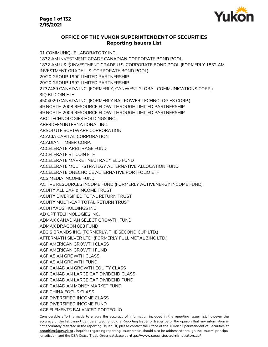 Yukon Reporting Issuer List