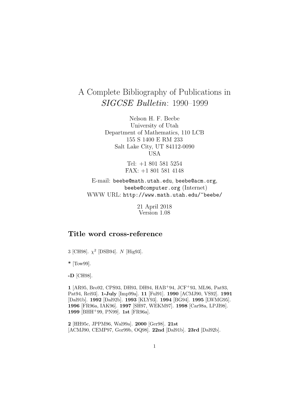 A Complete Bibliography of Publications in SIGCSE Bulletin: 1990–1999