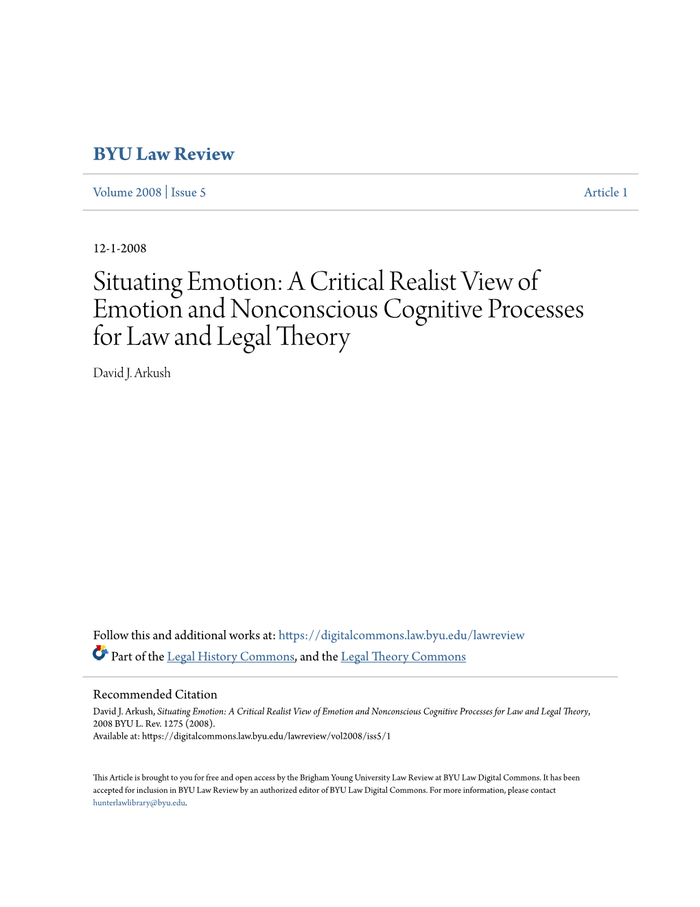 Situating Emotion: a Critical Realist View of Emotion and Nonconscious Cognitive Processes for Law and Legal Theory David J
