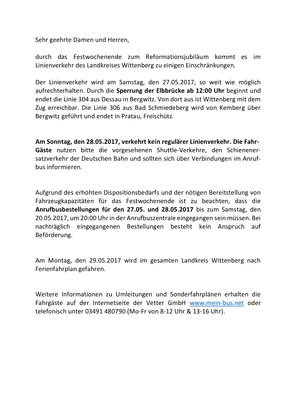 Sehr Geehrte Damen Und Herren, Durch Das Festwochenende Zum Reformationsjubiläum Kommt Es Im Linienverkehr Des Landkreises Wittenberg Zu Einigen Einschränkungen