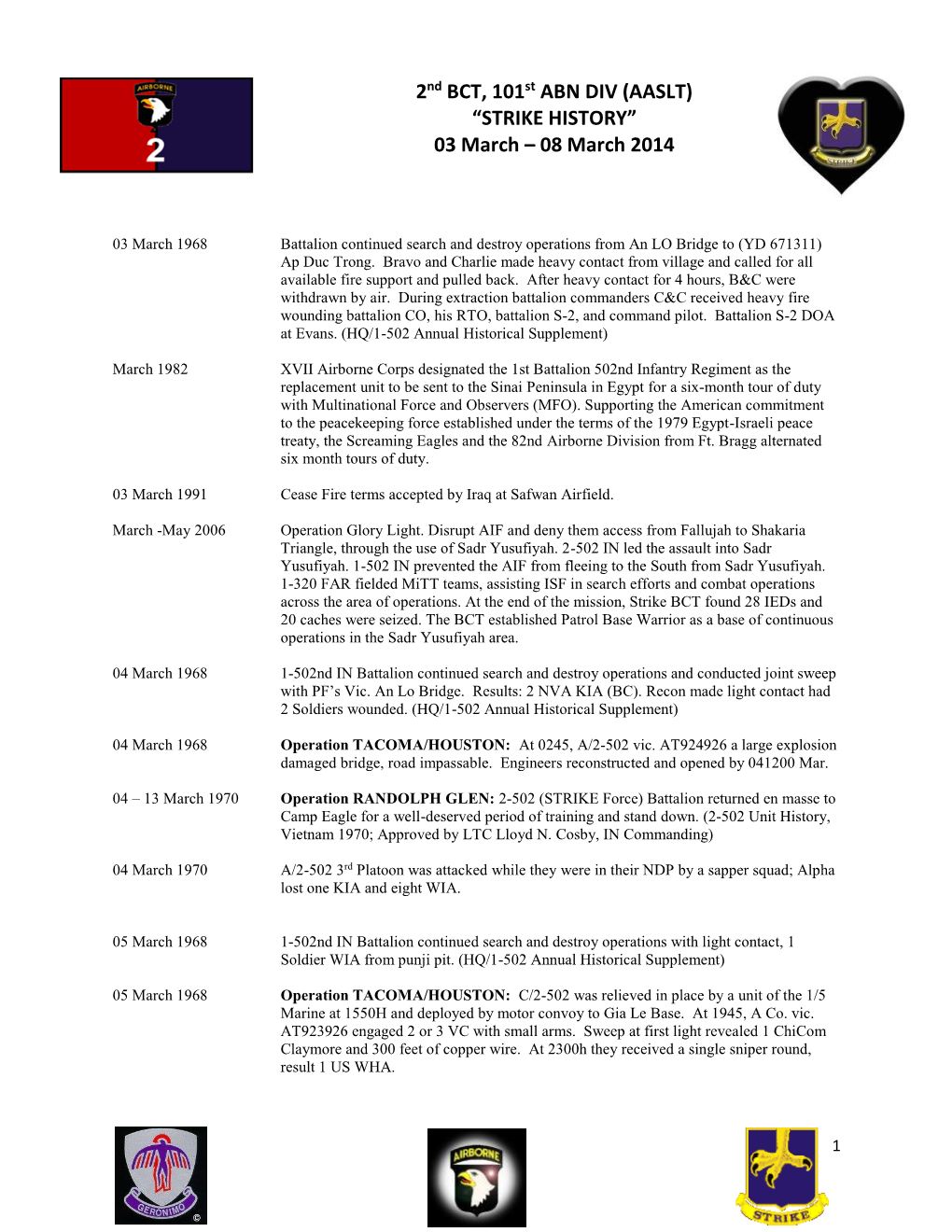 2Nd BCT, 101St ABN DIV (AASLT) “STRIKE HISTORY” 03 March – 08 March 2014