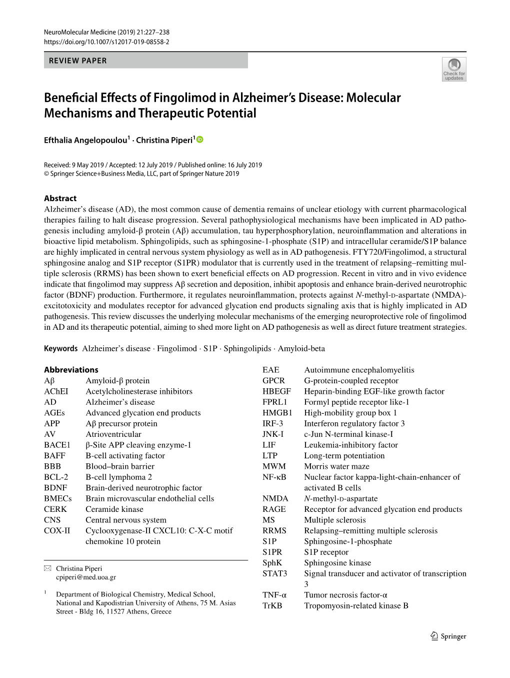 Beneficial Effects of Fingolimod in Alzheimer's Disease: Molecular
