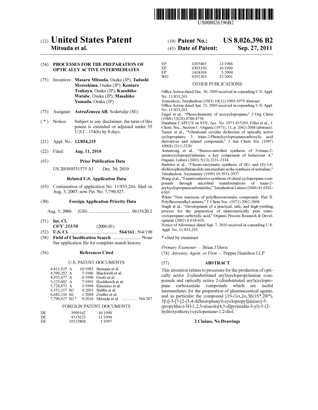 (12) United States Patent (10) Patent No.: US 8,026,396 B2 Mitsuda Et Al