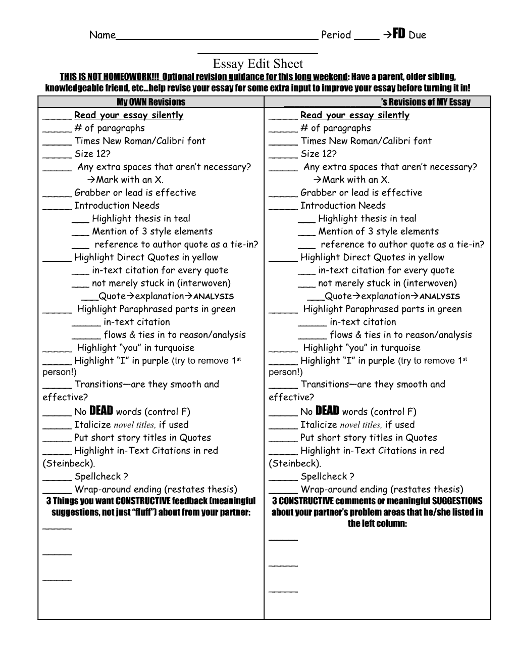 Essay Edit Sheet