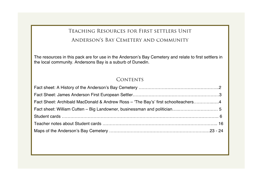 Teaching Resources for First Settlers Unit Anderson's Bay Cemetery And