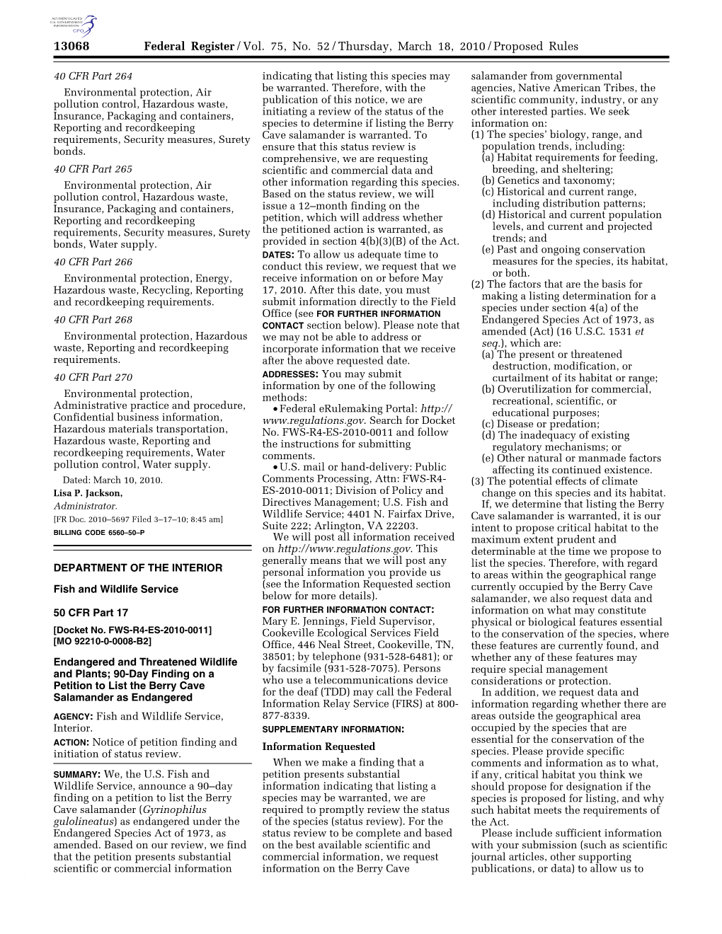 Federal Register/Vol. 75, No. 52/Thursday, March 18, 2010