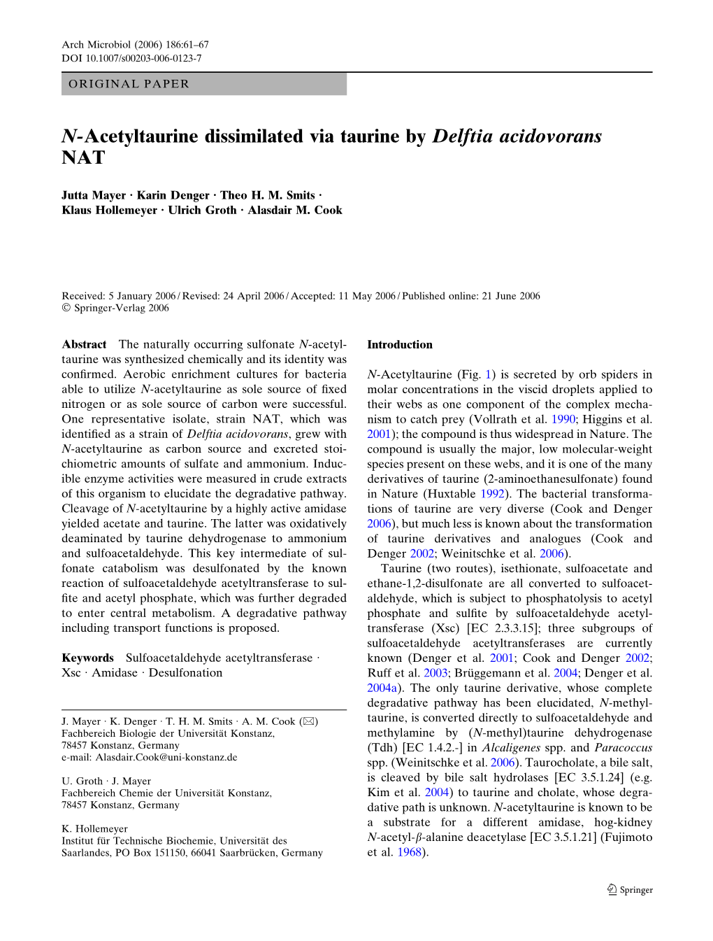 N-Acetyltaurine Dissimilated Via Taurine by Delftia Acidovorans NAT