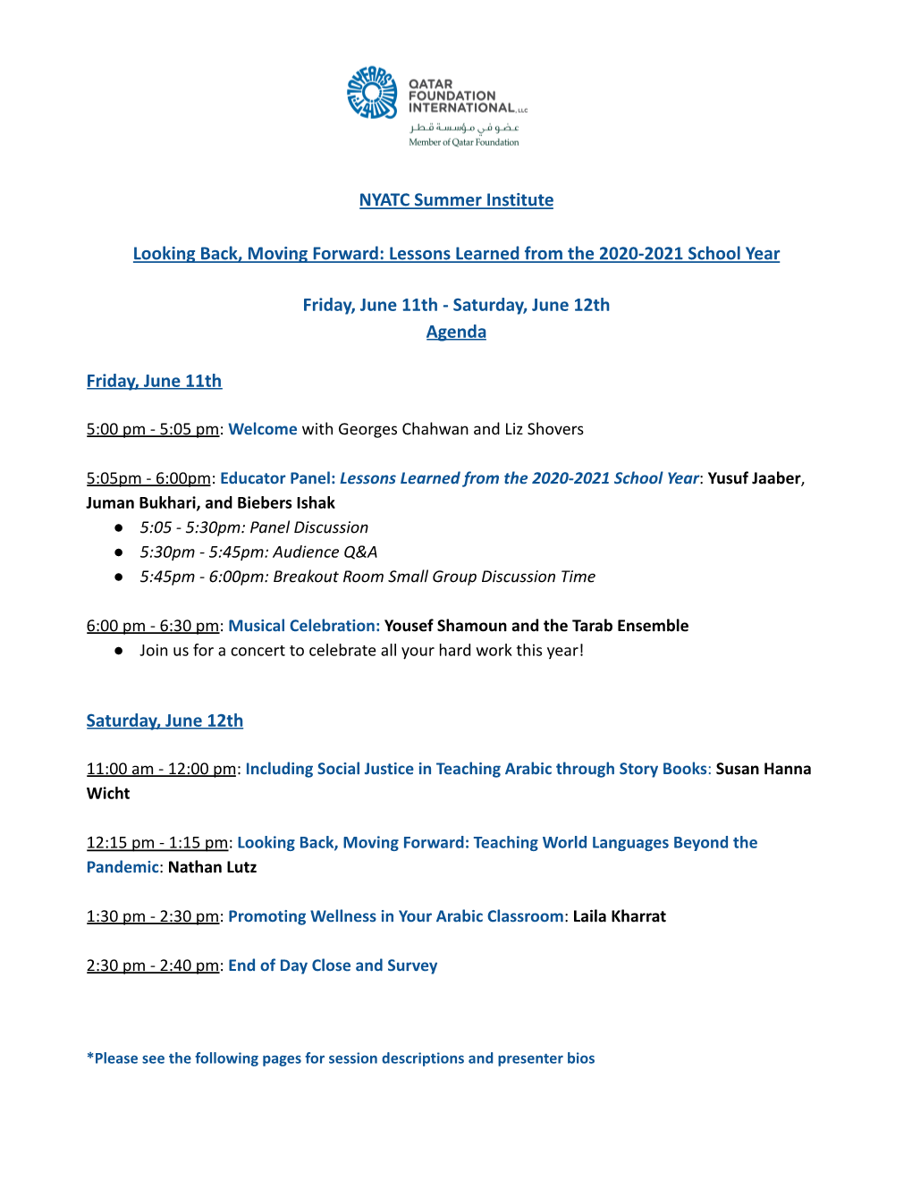 Agenda for Summer Institute June 2021