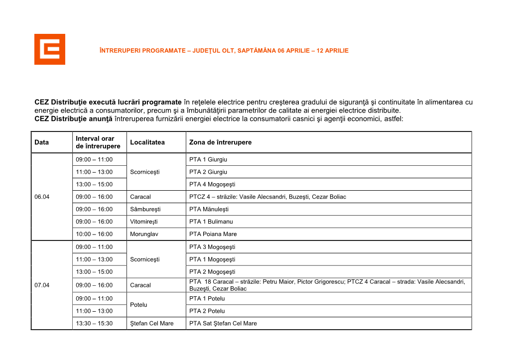 CEZ Distribuţie Execută Lucrări Programate În Reţelele Electrice