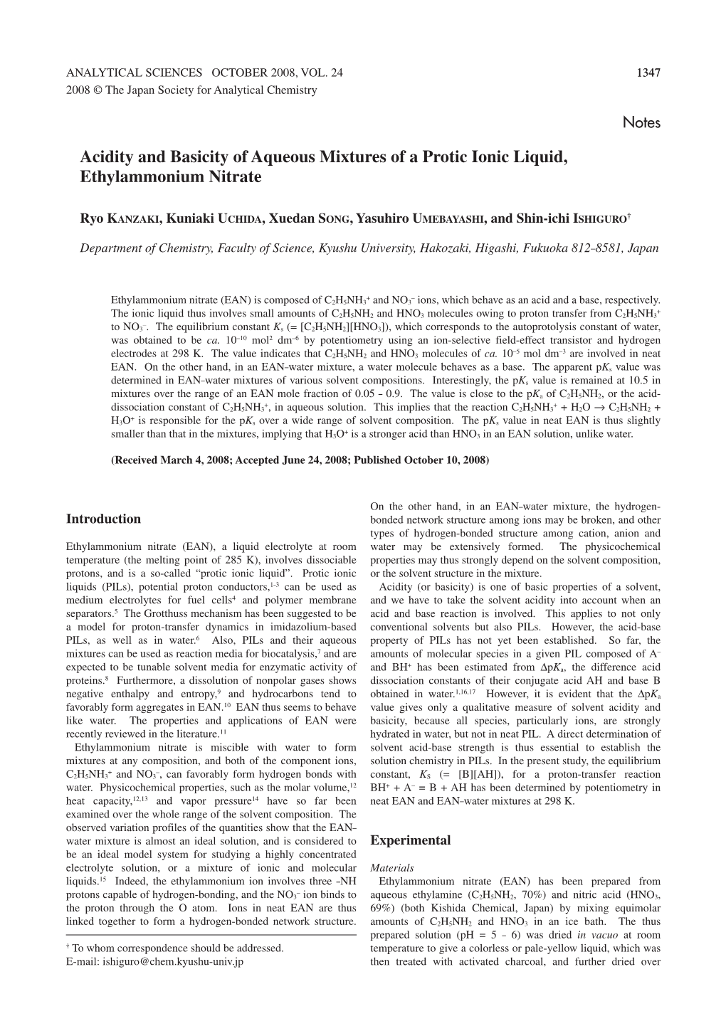 Acidity and Basicity of Aqueous Mixtures of a Protic Ionic Liquid, Ethylammonium Nitrate