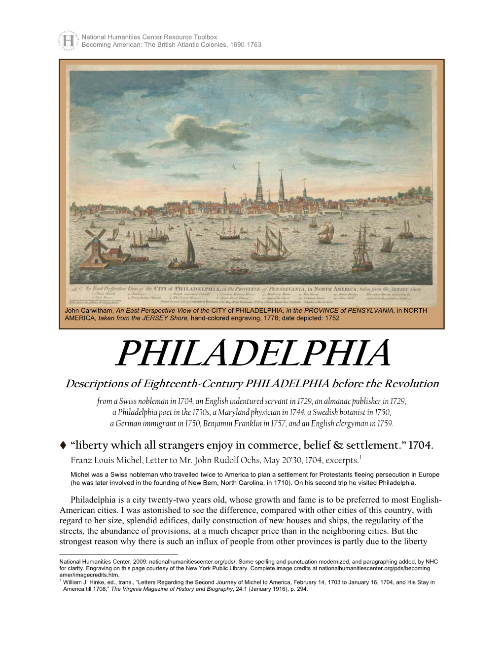 Descriptions of Eighteenth-Century Philadelphia by Franz Louis Michel